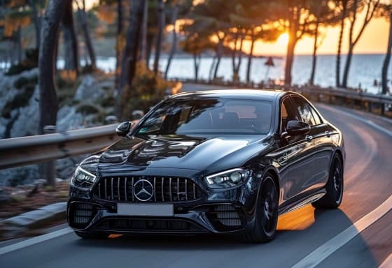 A black executive chauffeur car on a French Riviera road at dusk