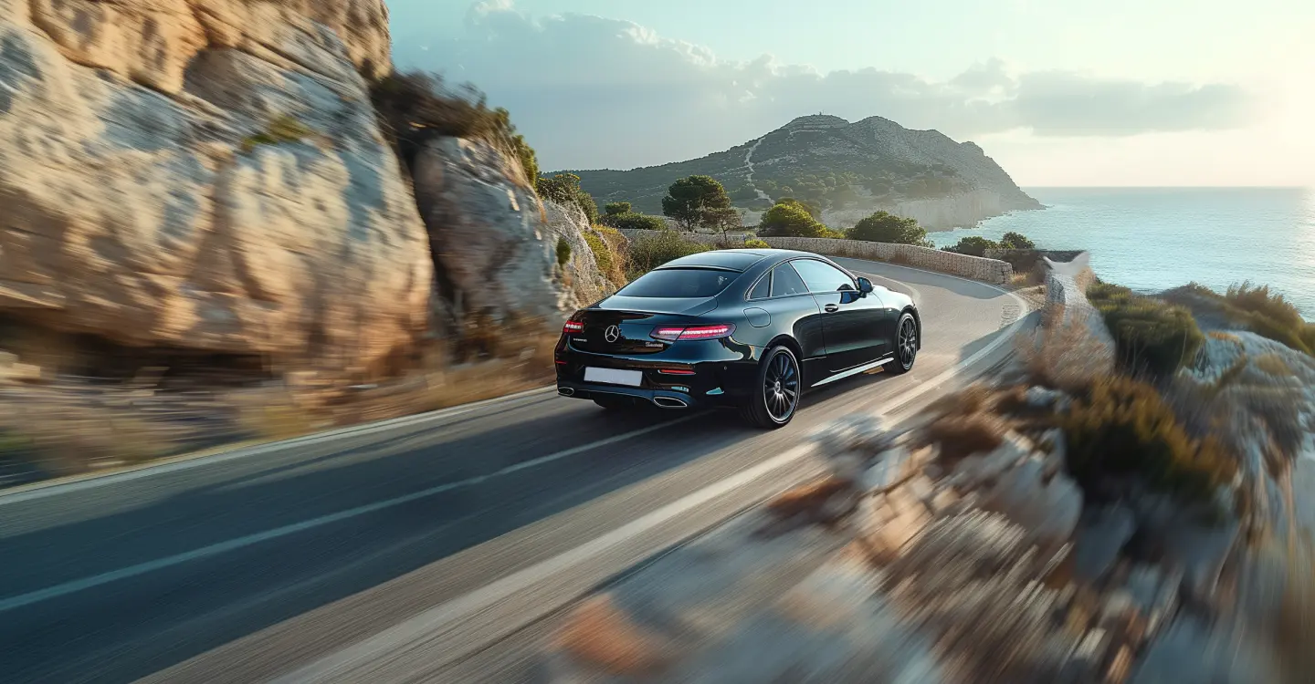 Black chauffeur car on a French Riviera coastal road above the Mediterranean